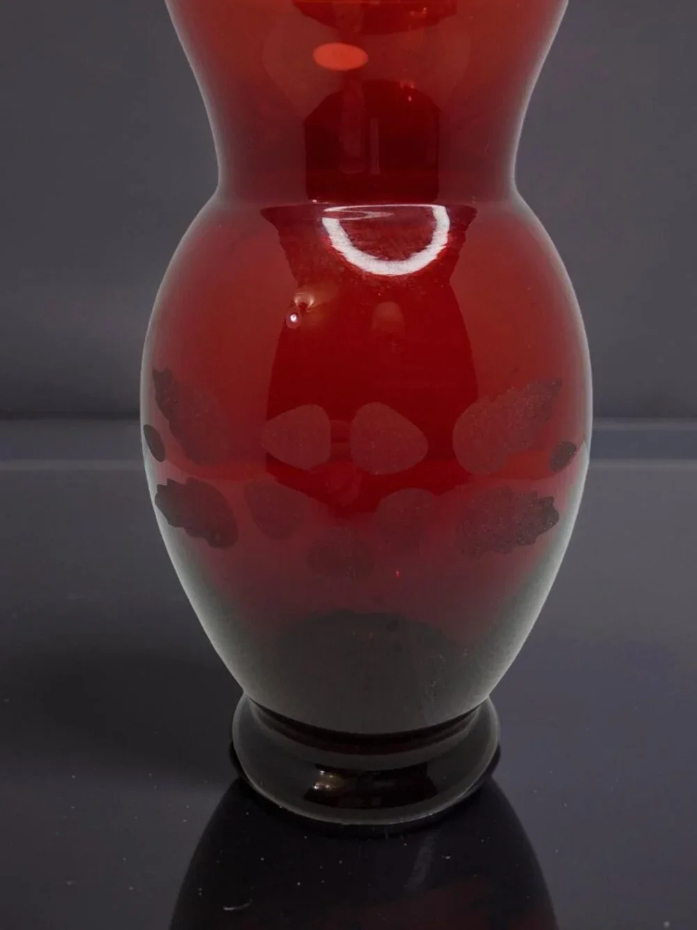 vintage anchor hocking ruby red etched flower glass vase